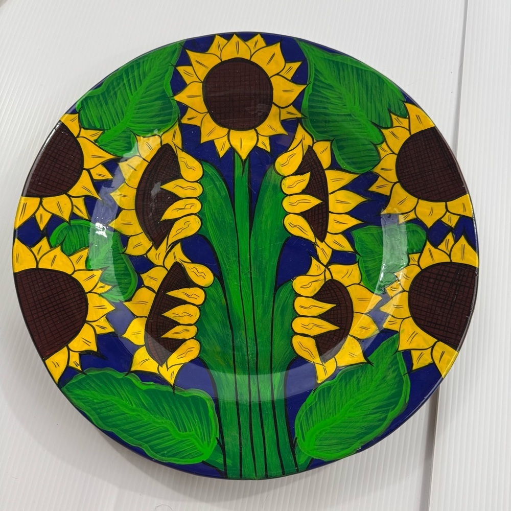 16” Sunflower Ceramic Plate - Blue, Green, Yellow‎